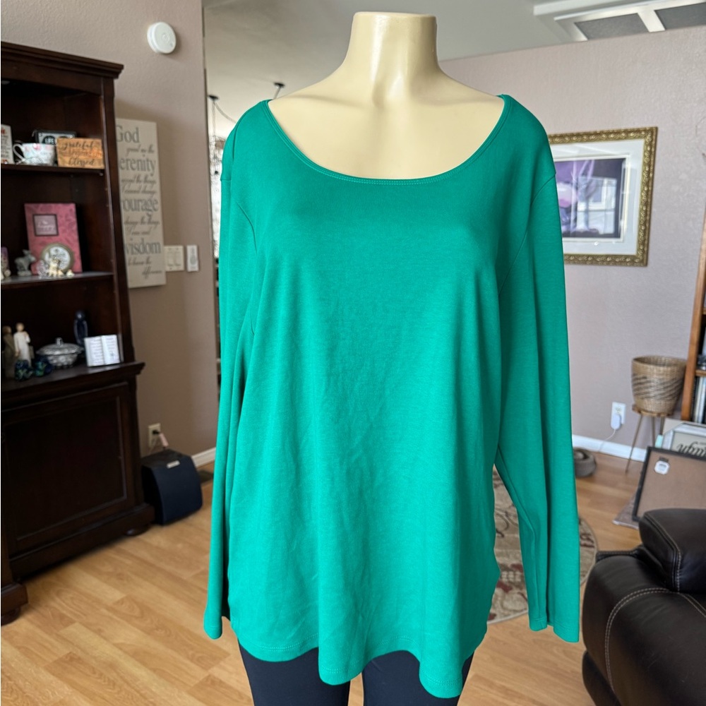 Karen Scott simple scoop neck long sleeves tee in emerald green-size XXL